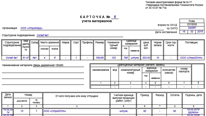 Карточка учета материалов образец